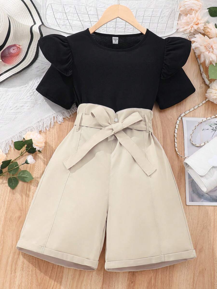 Teen Girls' Solid Color Ruffled Hem Top And Shorts Set