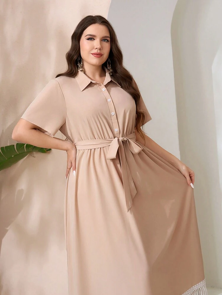 Women's Plus Size Solid Color Lace Up Dress With Tassel Detailing