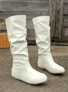 WRCVS Botas altas de mujer con puntera redonda, material de piel de poliuretano arrugado, decoración de moda, con interior con aumento de altura, decoración de hebilla, botas de montar