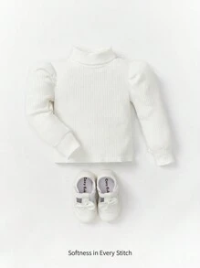 Cozy Pixies Baby Girl Solid Color Turtleneck Top With Puff Sleeves - White - View 1