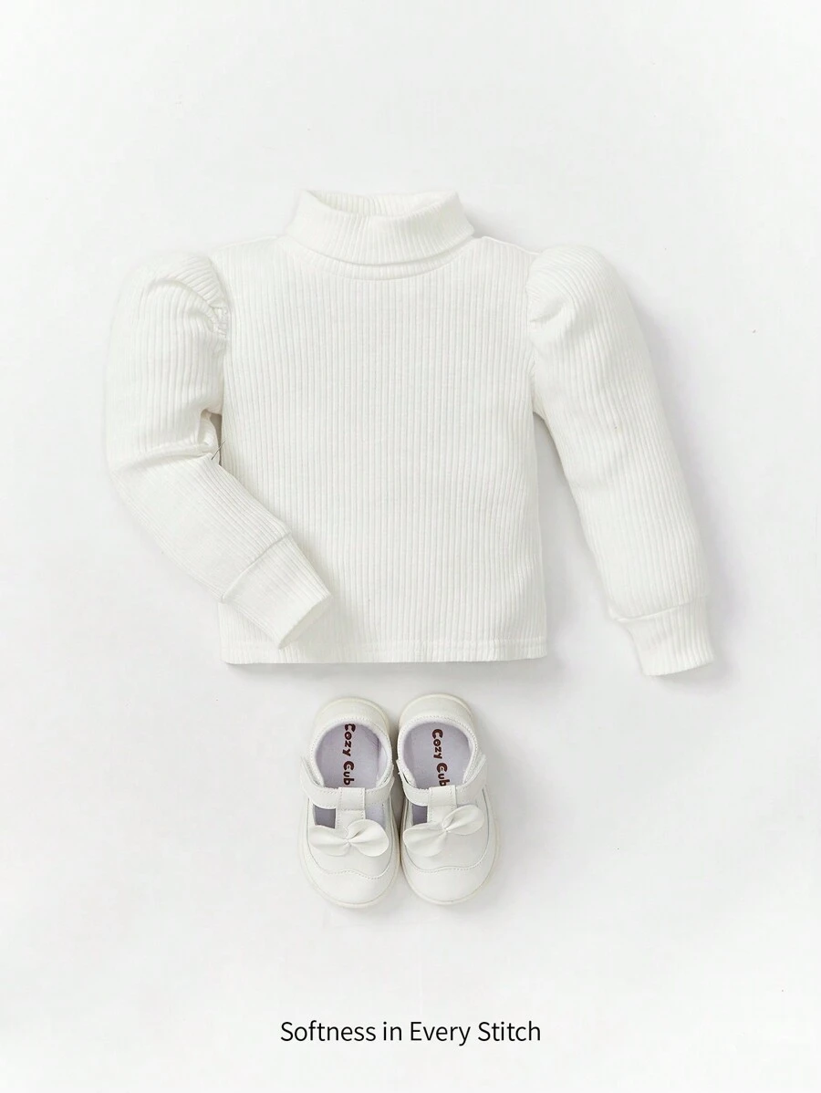 Cozy Pixies Baby Girl Solid Color Turtleneck Top With Puff Sleeves - White - View 1