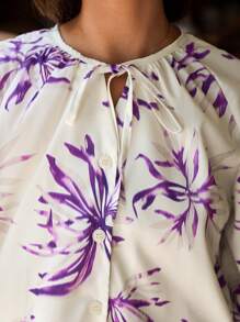 Aveloria Ladies" Simple And Elegant Random Floral Printed Tie-Waist Long Sleeve Shirt