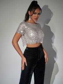 Áo croptop lưới xuyên thấu đính sequin và ngọc trai lấp lánh (không kèm áo ngực) thích hợp cho lễ hội âm nhạc, tiệc tùng hộp đêm mùa hè. - Bạc - Xem 7