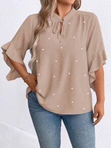 Plus Size Tie Neck Ruffle Sleeve Faux Pearl Button Shirt