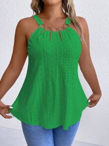 SHEIN LUNE 大尺碼純色中空刺繡背心,夏季必備 - 綠色 - 查看 4