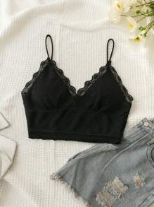 Soleia Summer Fashionable V-Neck Lace Splicing Cami Top - Black - View 1