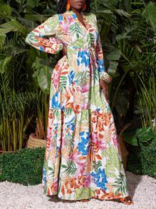 Slaydiva Vacation Small Stand-Up Collar Shirt Access Control Long-Sleeved Colorful Leaf All-Over Print A-Hem Long Dress Women's Dress - Multicolor - View 4