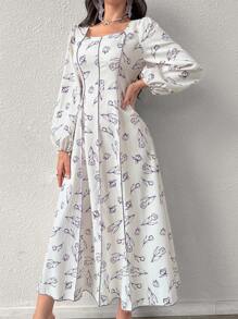 Modelyn Vestido largo con estampado de flores, mangas farol y cintura fruncida, en forma de corazón en el cuello, para uso formal y vestidos de noche para mujeres