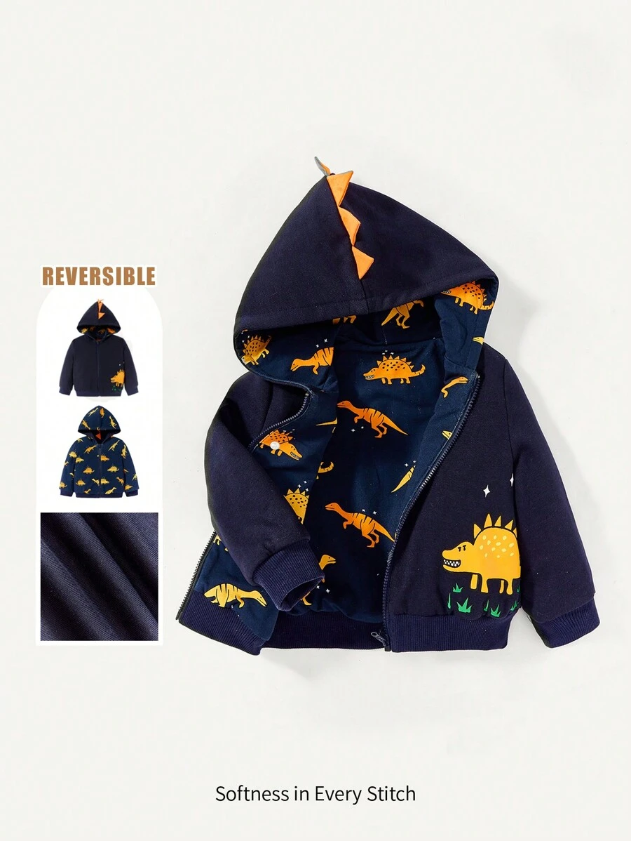 Cozy Pixies Baby Boy Dinosaur Print 3D Design Hooded Thermal Lined Coat - Navy Blue - View 1