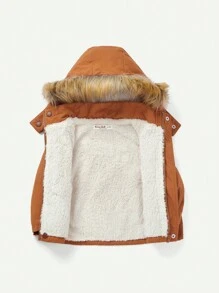 Baby Boy Fuzzy Trim Hooded Thermal Lined Parka Coat Without Tee - Brown - View 3