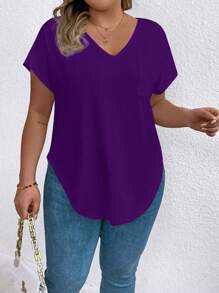 Plus Size Solid Color V-Neck Batwing Sleeve T-Shirt - Purple - View 4