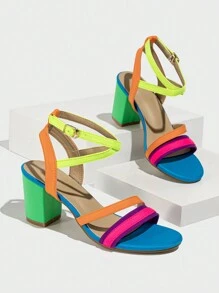 女士夏季新款绑带法式优雅风格舒适粗跟凉鞋 - 彩色 - 查看 5