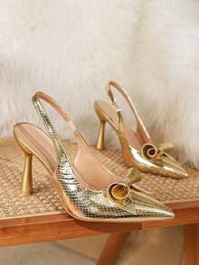 Women's High-Heeled Sandals Party Shoes Pointed Closed Toe Kitten Heel Open Heel Dress Shoes Snake Skin Pattern Pumps - Gold - View 4