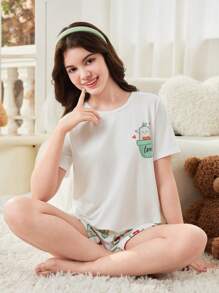 Teen Girl Avocado Print Round Neck Short Sleeve Top And Shorts Casual Pajama Set For Summer - White - View 1