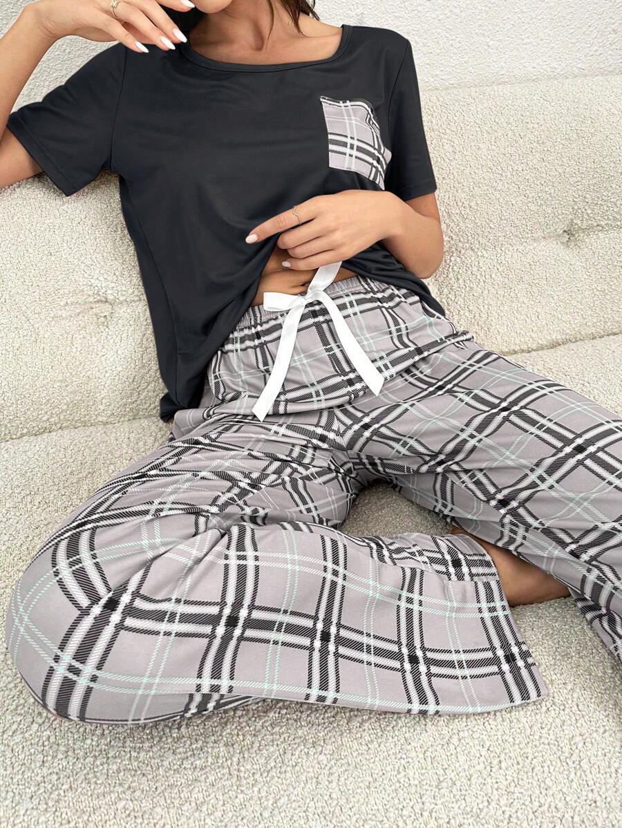 Ladies Fashionable Checkered T-Shirt And Long Pants Pajama Set - Black - View 1