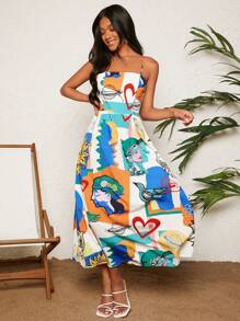 Travachic Women's Summer Beach Boho Vacation Spaghetti Strap Dress With Printed Patchwork And Shirred Back Design