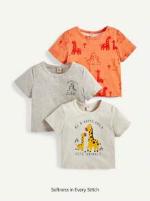 3pcs Baby Boys' Cartoon Animal Pattern Short Sleeve Crewneck T-Shirt Set With Pullover Design - Multicolor - View 1