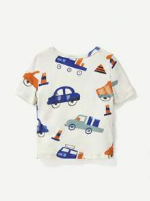 Baby Boy Snug Fit Pajama Set, Including Short-Sleeve Top And Casual Shorts Printed With Fun Car Patterns - Apricot - View 3