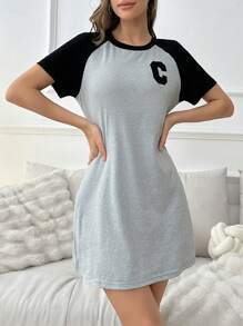 SHEIN Summer Color Block Letter Print Round Neck T-Shirt Sleep Dress Pajama Dress - Light Grey - View 3