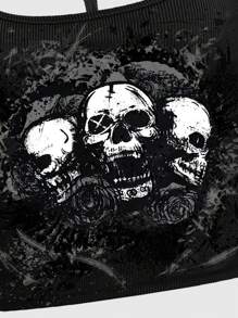 ROMWE Grunge Punk 骷髅印花链条细节吊带背心，学校 - 黑色 - 查看 4
