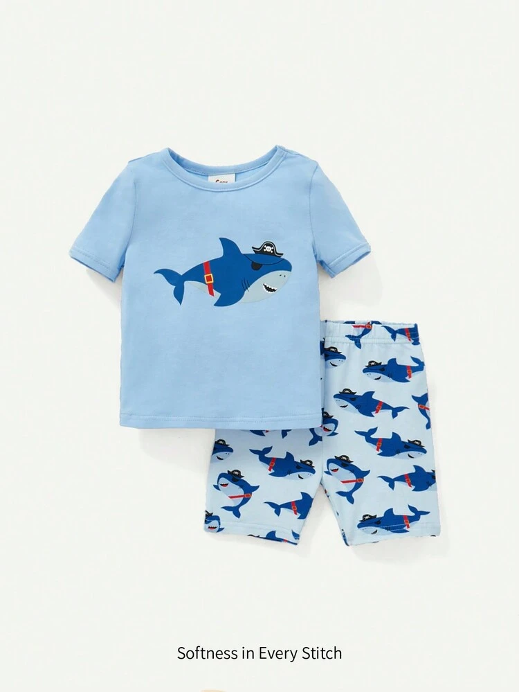 Baby Boy Snug Fit Pajama, Cartoon Animal Pattern, Round Collar Short Sleeve Top And Shorts Set