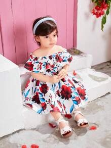 SHEIN Leap Crew Vestido de playa para bebé niña con patrón floral con volantes, hombros descubiertos y cintura ceñida - Multicolor - Ver 4
