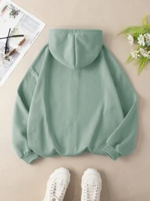 INAWLY NỮ Tối giản In Khóa kéo-lên áo có mũ Dài Áo nỉ - màu xanh lá - Xem 2