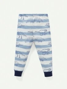 Cozy Pixies Baby Boy Snug Fit Pajamas, Striped Fun Little Dinosaur Print Tops Round Neck Long Sleeve And Footed Pants Set - Blue - View 3