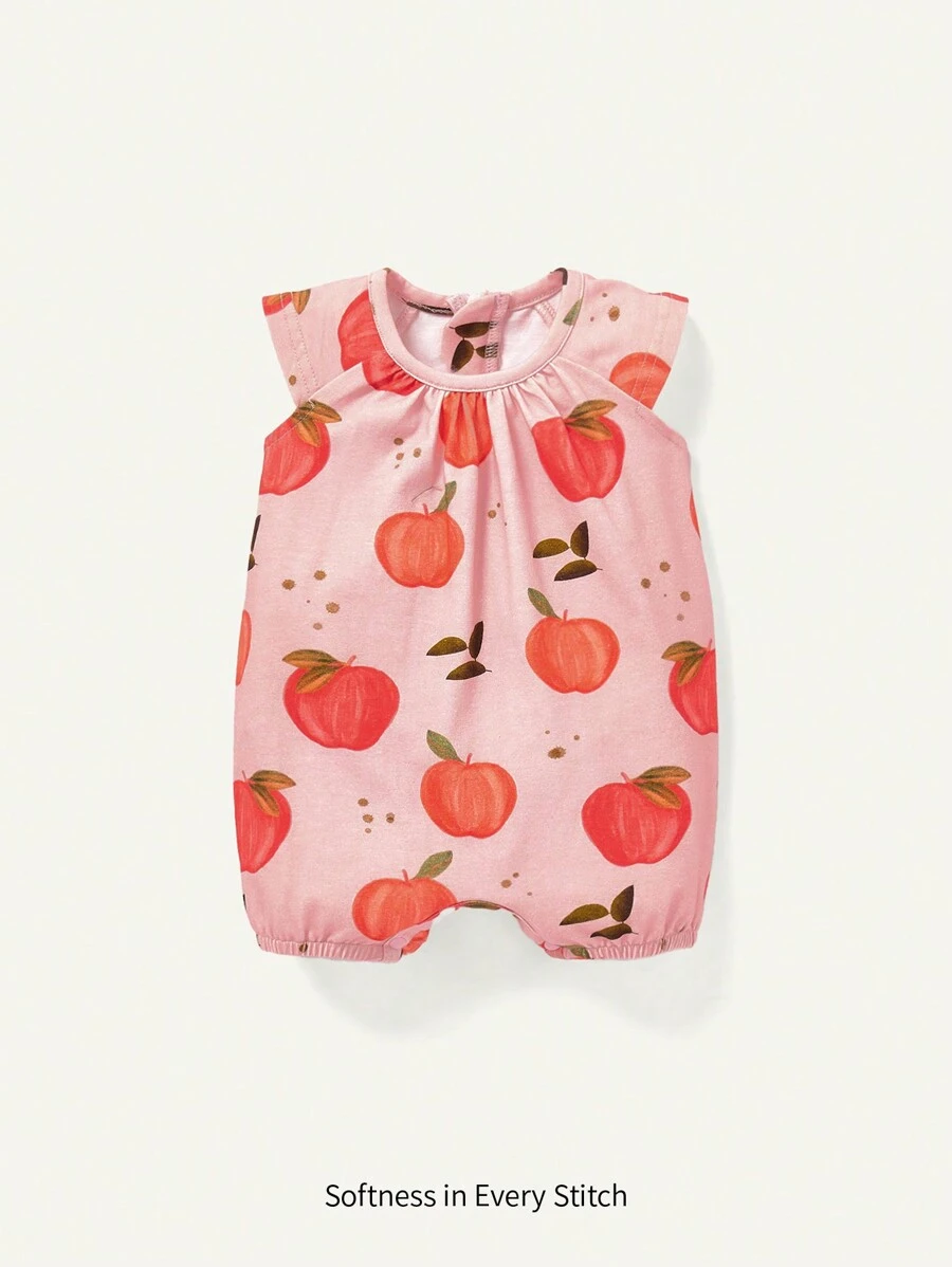 Cozy Pixies Mono casual de manga corta con cuello redondo y patrón de frutas para recién nacida niña