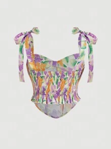 SHEIN MOD Plus Size Women's All Over Print Asymmetrical Hem Shoulder Knotted Camisole - Purple - View 2