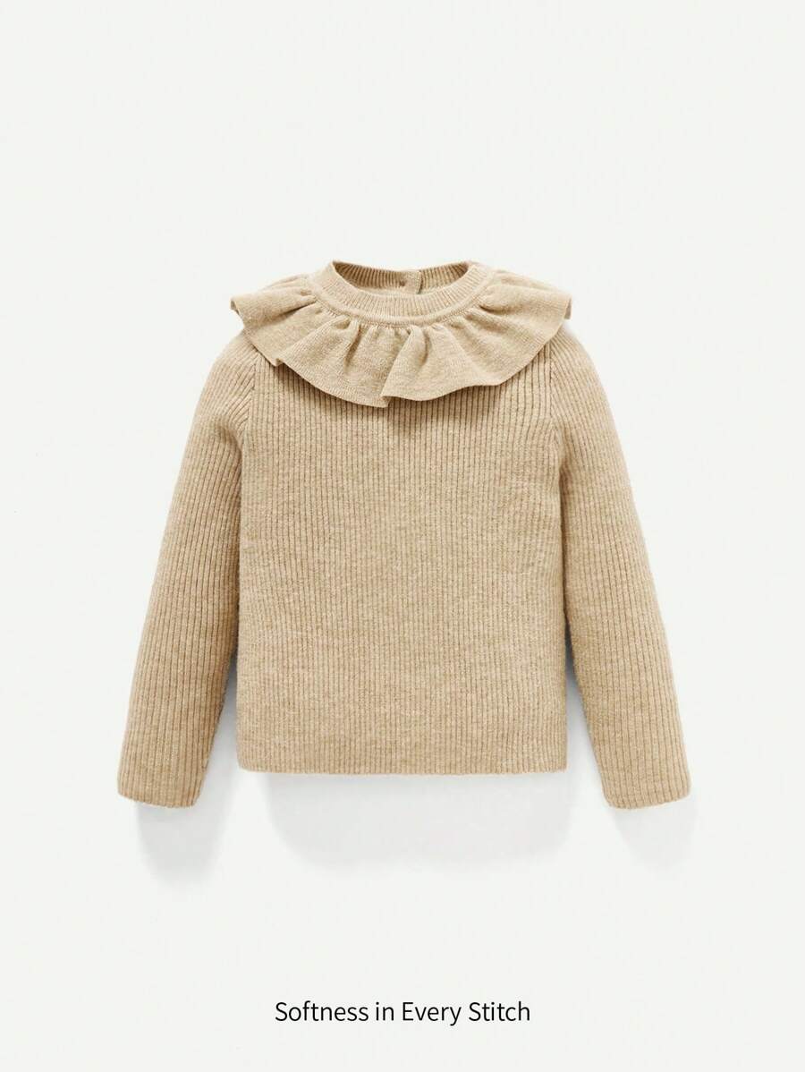 Cozy Pixies Baby Girl Ruffle Trim Ribbed Knit Sweater - Khaki - View 1