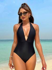 Swim Vcay Costume Da Bagno Intero Con Scollo A V Profondo E Bretelle Al Collo Con Gonna Copri-costo
