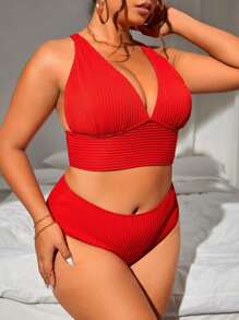 Swim Vcay 2pcs/Set Plus Size Women Solid Color Sexy Bikini Set, Vacation Summer