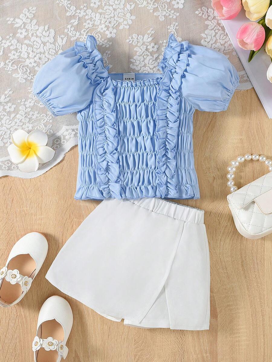 Baby Girls' Fashionable Ruffled Flap & Gathered Top With Skirt Set - Multicolor - View 1