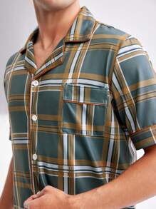 Men's Plaid Short Sleeve And Shorts Pajama Set - Army Green - View 3