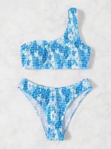 Swim Mod Women Fashion Summer Beach Shirred One Shoulder Bikini Set - Blue and White - View 3