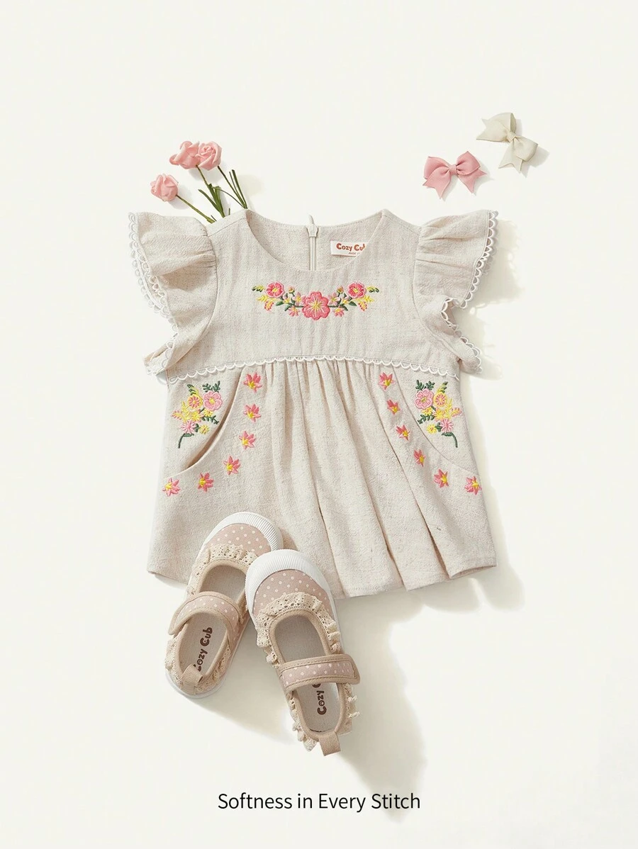 Baby Girl Floral Embroidered Round Neck Blouse With Ruffle Waist - Apricot - View 1