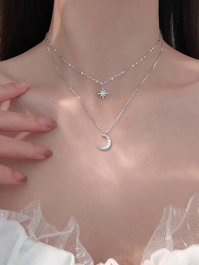 Fairycore Collar de doble o múltiples capas con detalle de estrella, luna y pentagrama