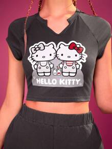 HELLO KITTY AND FRIENDS | SHEIN Sommar tecknad tryck rund hals kortärmad T-shirt och shorts Set - Mörkgrå - Visa 6