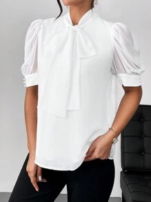 SHEIN Privé Women's Gentle Quality Chiffon Shirt With Bowknot Bubble Sleeves,Short Sleeve Tops