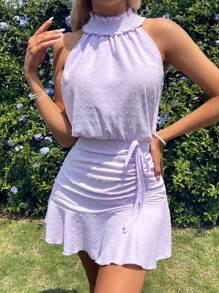 Breezaya 夏季假期纯色纹理露肩荷叶边饰挂脖连衣裙 - 紫色 - 查看 3