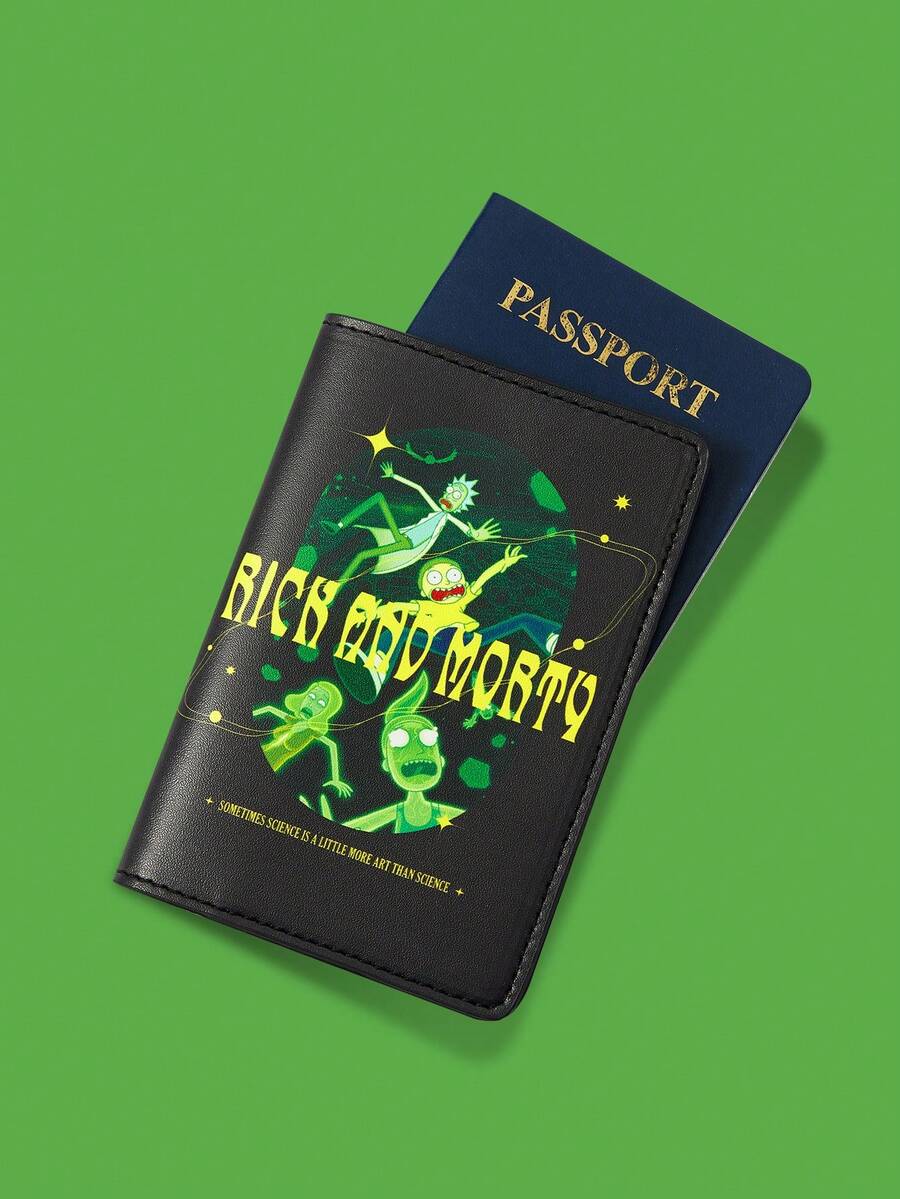 Rick and Morty X SHEIN Cartoon Letter Print Pu Passport Holder - Black - View 1