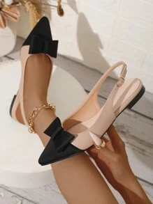 Fall/Winter Fairy Style Rhinestone Bowknot Closed Toe Sandals For Women, Khaki Color, With Ankle Strap, Pointed Toe, Flat Heels, Hollow Design, Summer