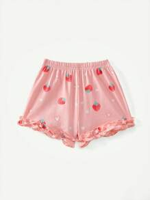 Cozy Pixies Conjunto de 4 piezas para bebé niña con patrón de fresas y ribete de volantes con decoración de lazo en la parte superior de manga corta y pantalones cortos a juego
