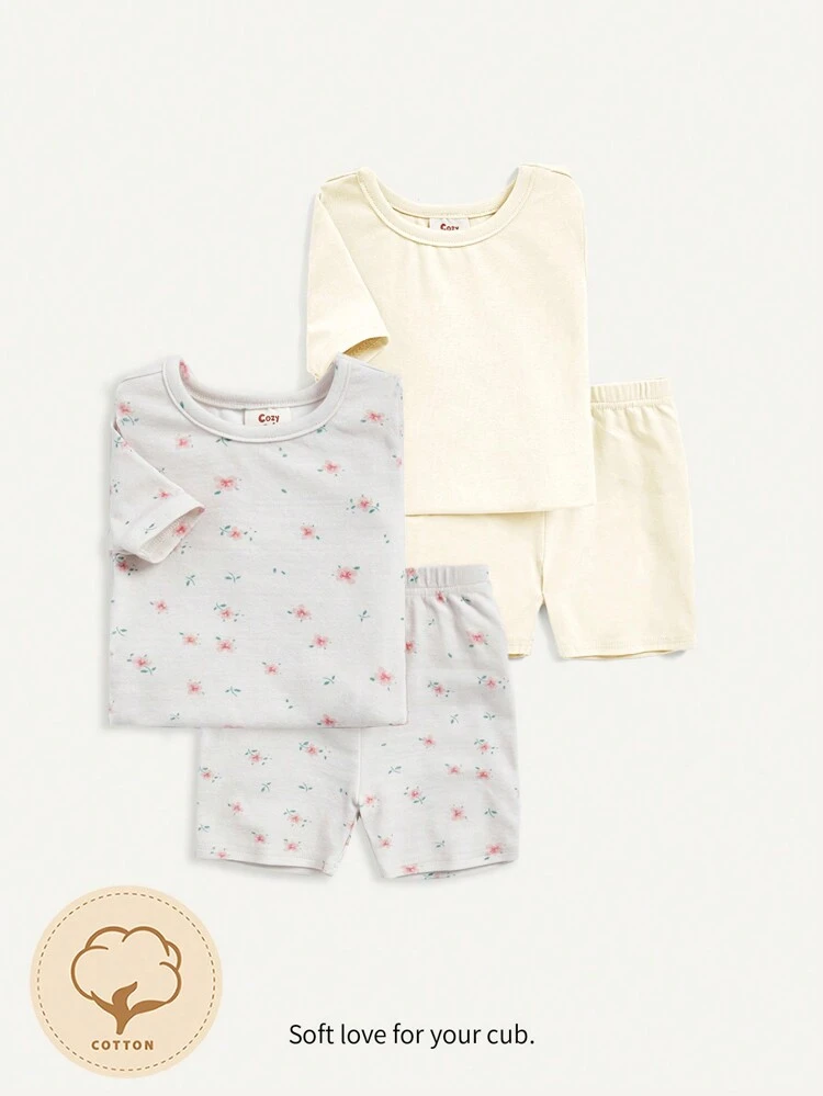 Baby Girl Snug Fit Solid Color Floral Pattern Short Sleeve Shorts Homewear Set 4pcs