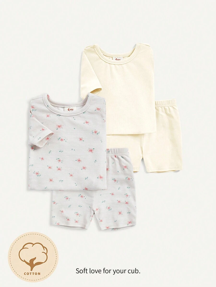 Cozy Pixies 嬰兒女孩緊身純色花卉圖案短袖短褲家居套裝4件套 - 黃色 - 查看 1