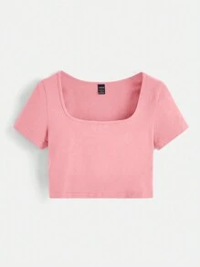 SHEIN BASICS 1 Miếng Cổ vuông Áo phông trơn - Màu Hồng Tươi - Xem 1