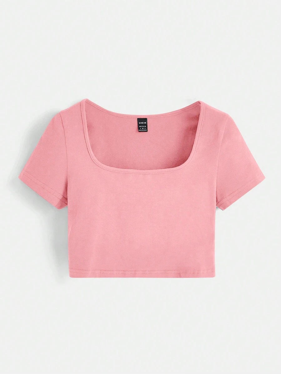 SHEIN BASICS 1 Miếng Cổ vuông Áo phông trơn - Màu Hồng Tươi - Xem 1