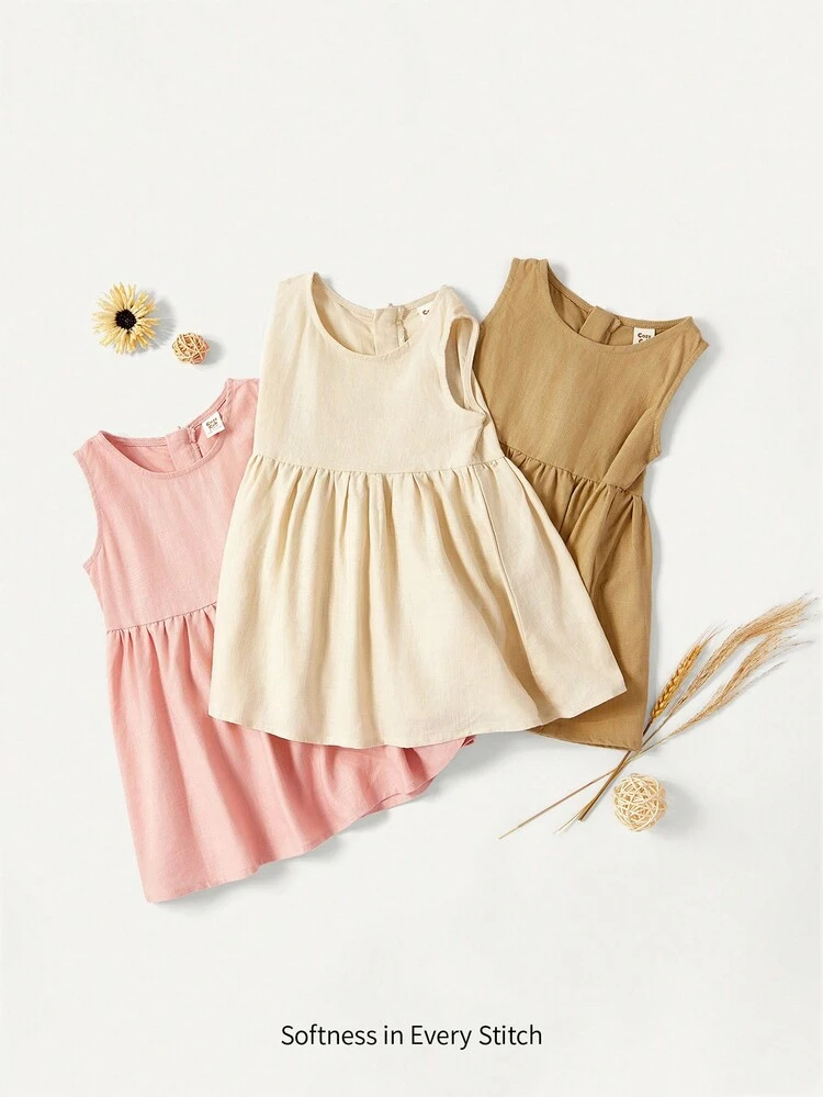 Baby Girl Solid Color Round Neck Sleeveless Waist Dress Set (Includes 3pcs)