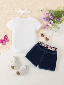 Cô Gái Trẻ Giải trí Và vui tươi In hoa Báo Bướm & Chữ in Áo thun Áo & Thắt lưng Tối Denim Quần Short Còng 2 Miếng Bộ - trắng - Xem 2
